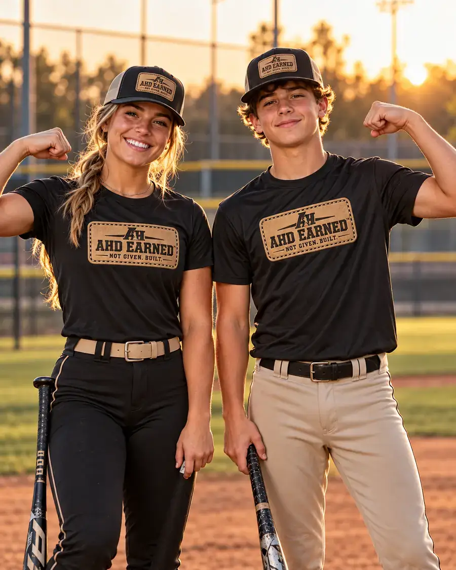 A softball player and baseball player wearing AHD EARNED gear at the field