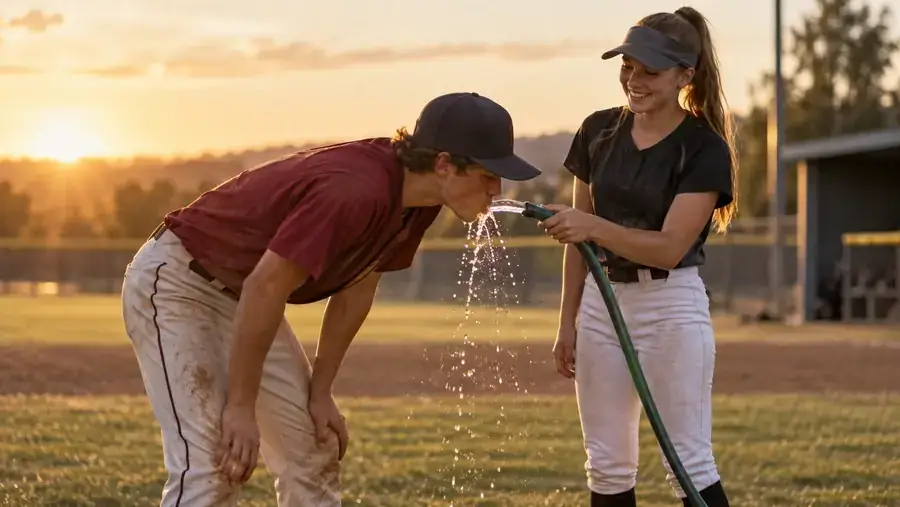 Softball and baseball players cooling off during practice on a hot Arizona day