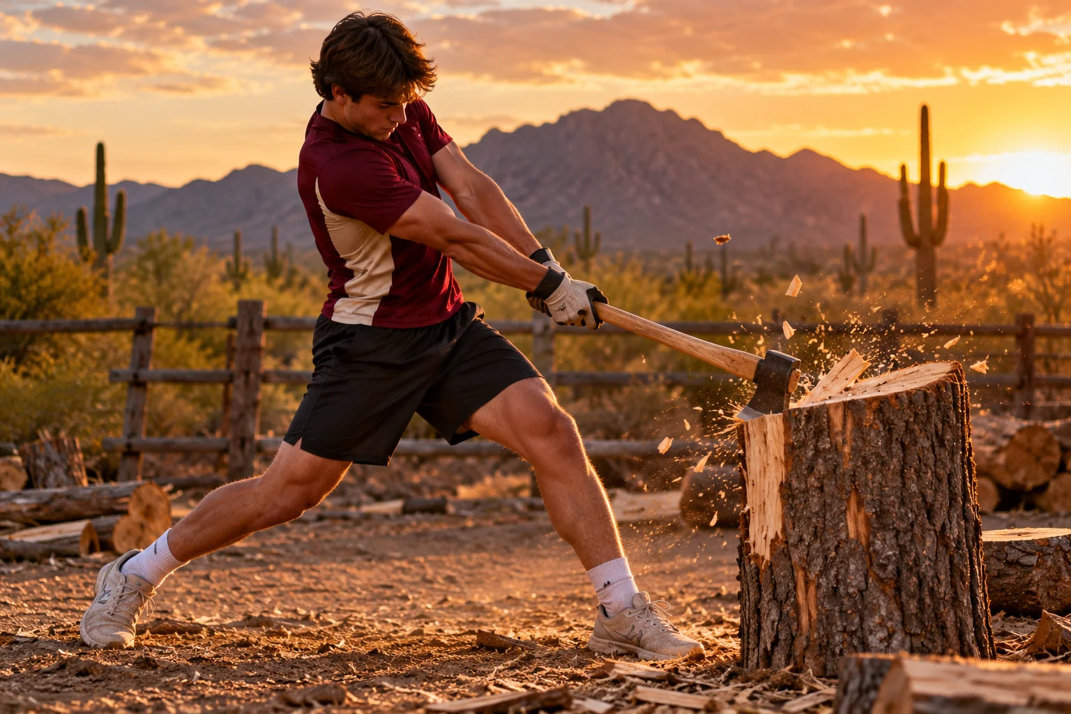 An athlete chops a stump with an axe in an Arizona ranch yard at sunset: back leg driving, hips turned, chips flying