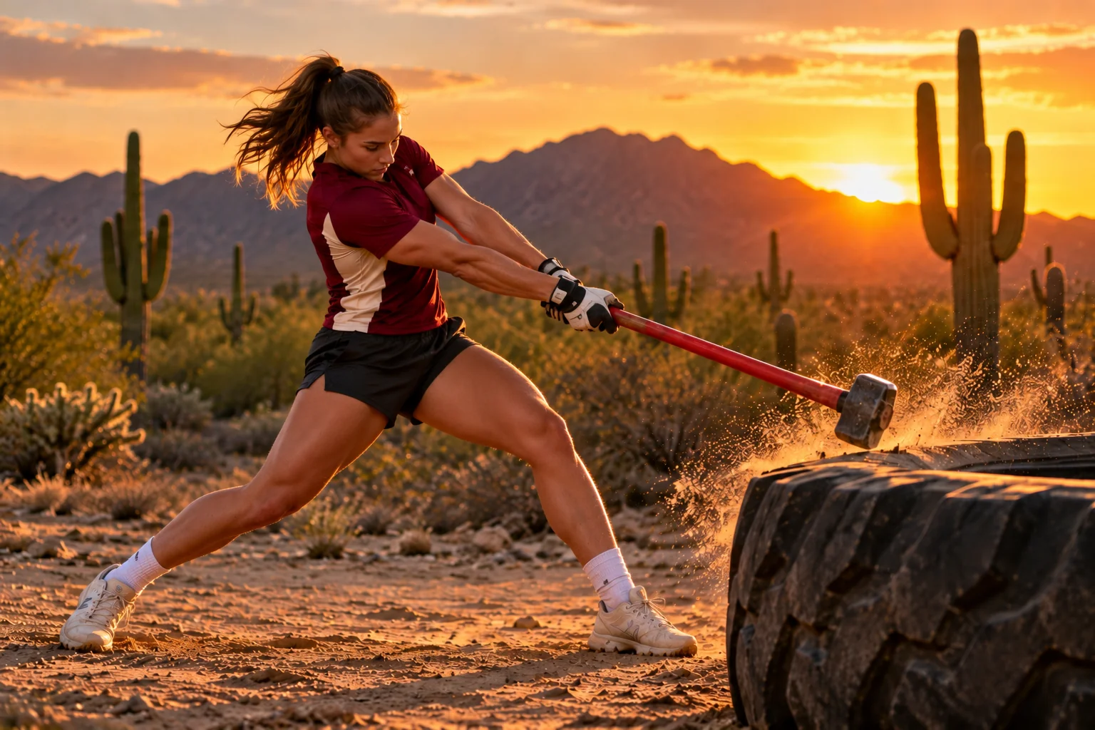 A softball player swings a sledgehammer into a tractor tire in the Arizona desert at sunset: wide athletic base, front knee bent, body turning