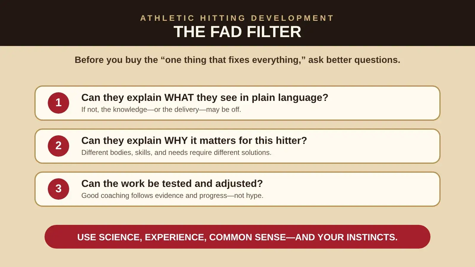 The AHD Fad Filter: can they explain what they see in plain language, can they explain why it matters for this hitter, and can the work be tested and adjusted?