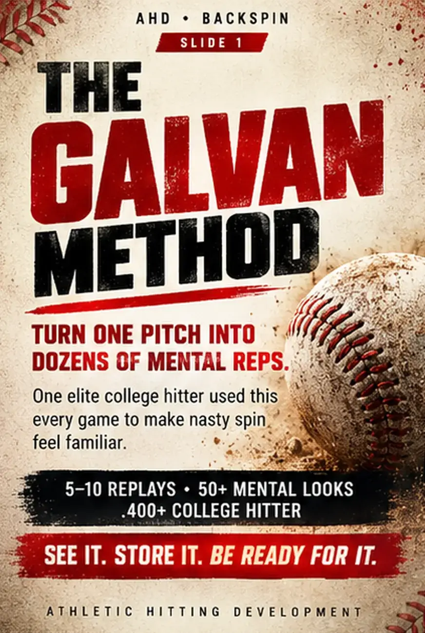 The Galvan Method: turn one pitch into dozens of mental reps. 5–10 replays, 50+ mental looks, .400+ college hitter. See it. Store it. Be ready for it.
