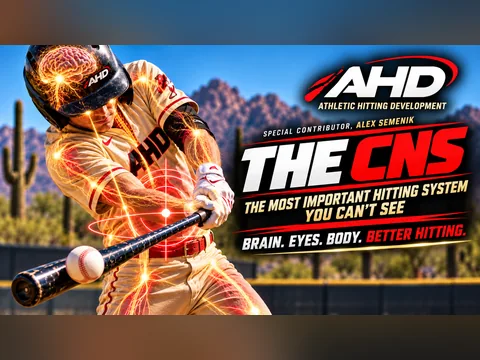 The CNS: AHD hitter with brain, eyes and nerve pathways lit up as the barrel meets the ball