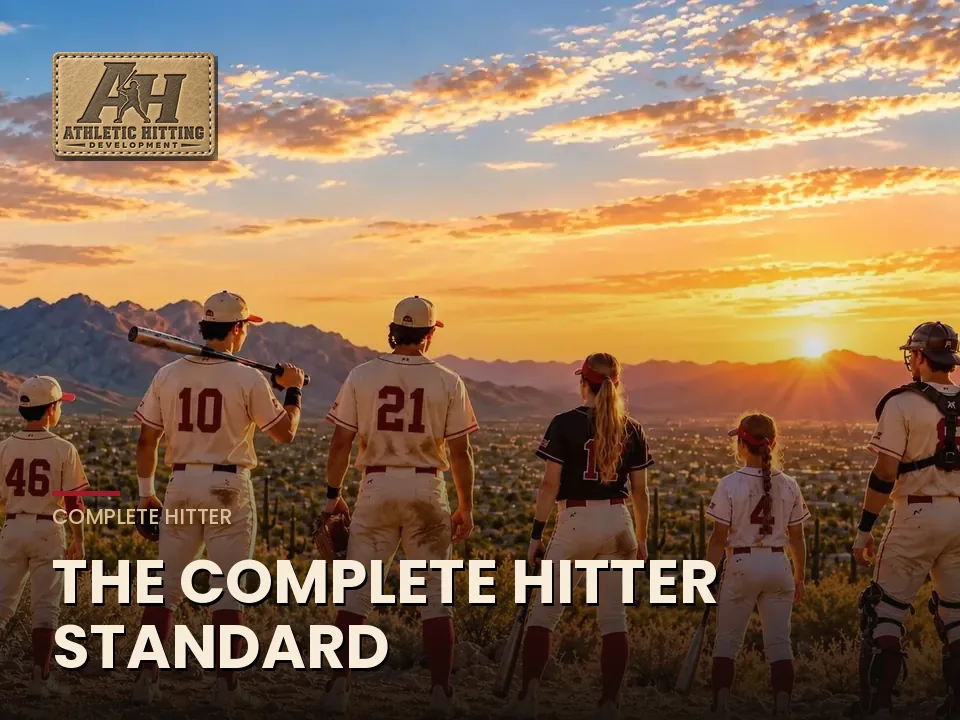 Six AHD baseball and softball hitters lined up at sunset in the Arizona desert