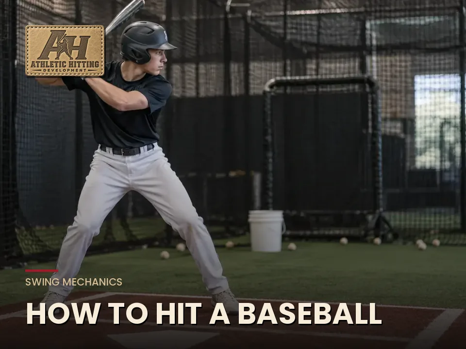 Baseball hitter in his stance at the plate in a batting cage