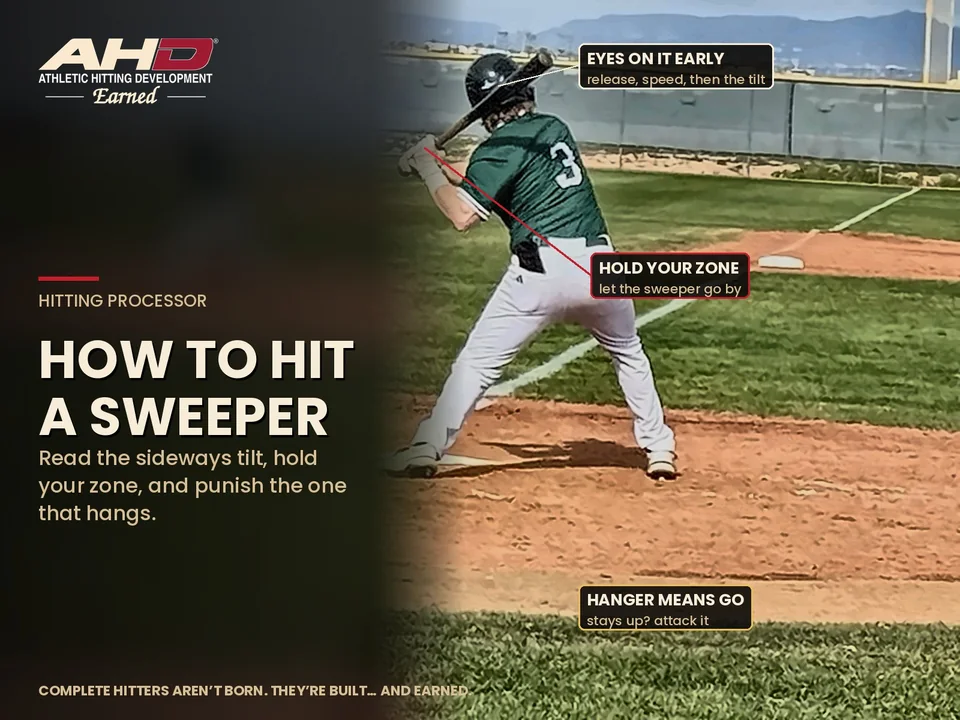 High school hitter in the box in a game, eyes on the pitcher, holding his zone, with AHD teaching labels for reading a sweeper
