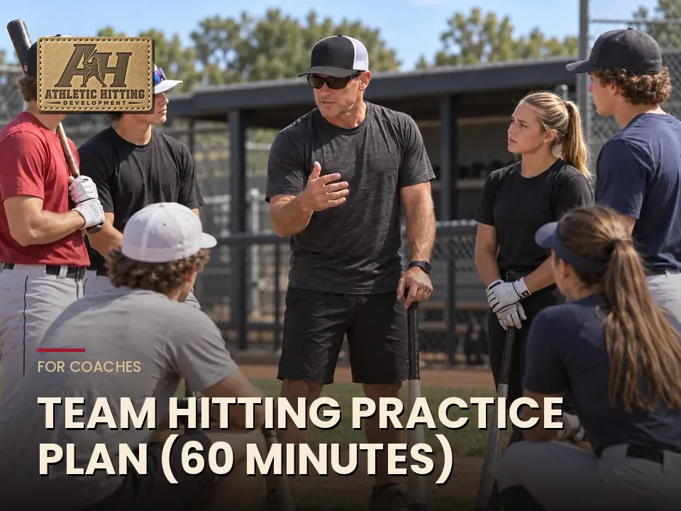 Coach leading a group of baseball and softball hitters at practice