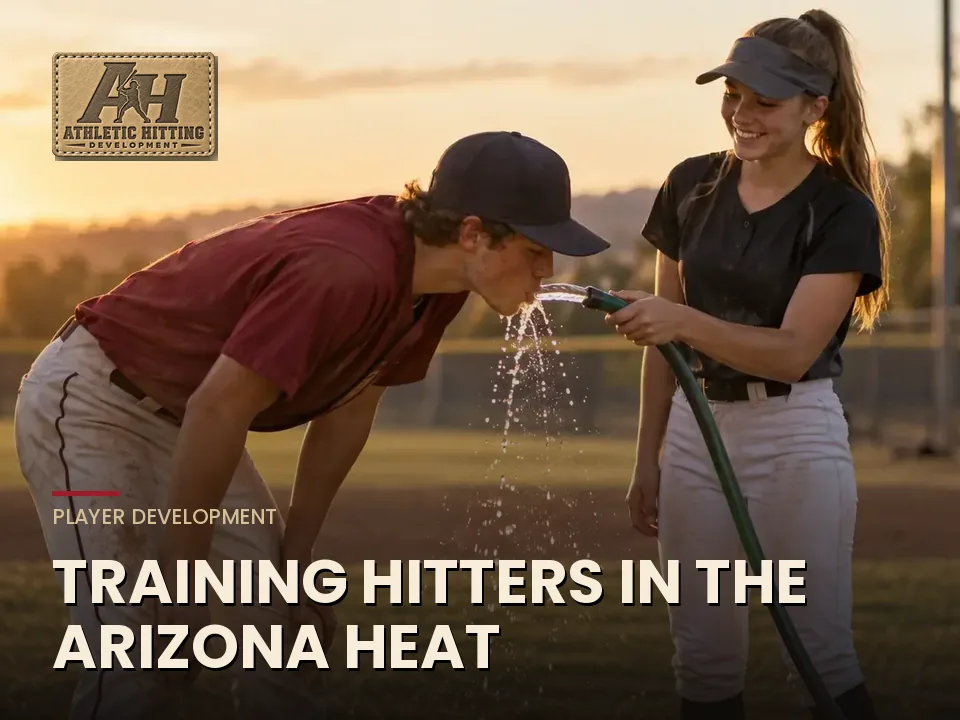 Baseball and softball players cooling off at a water hose after practice in the Arizona heat
