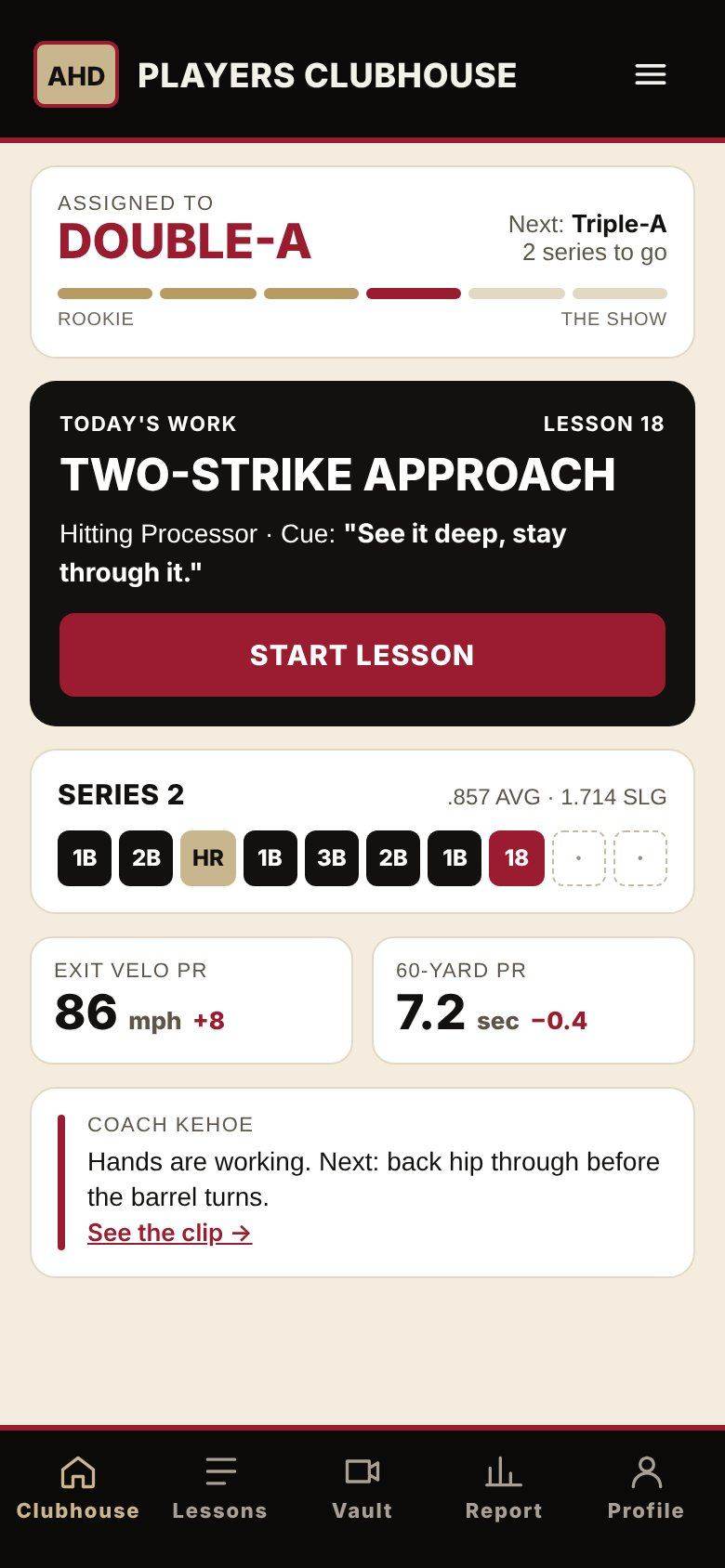 AHD Players Clubhouse on a phone showing Double-A level, today's work and the current series