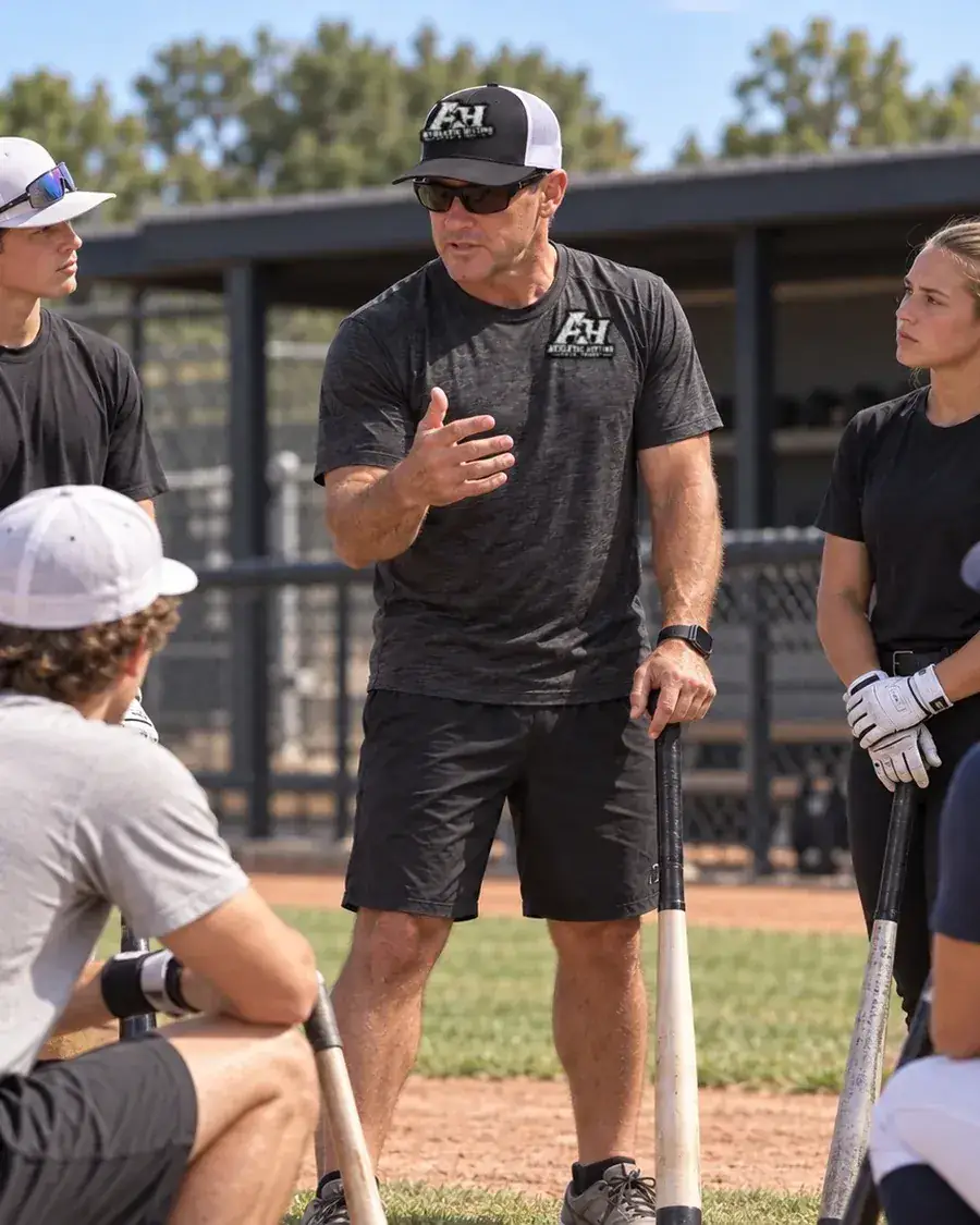 BK talking through a drill with a group of baseball and softball hitters