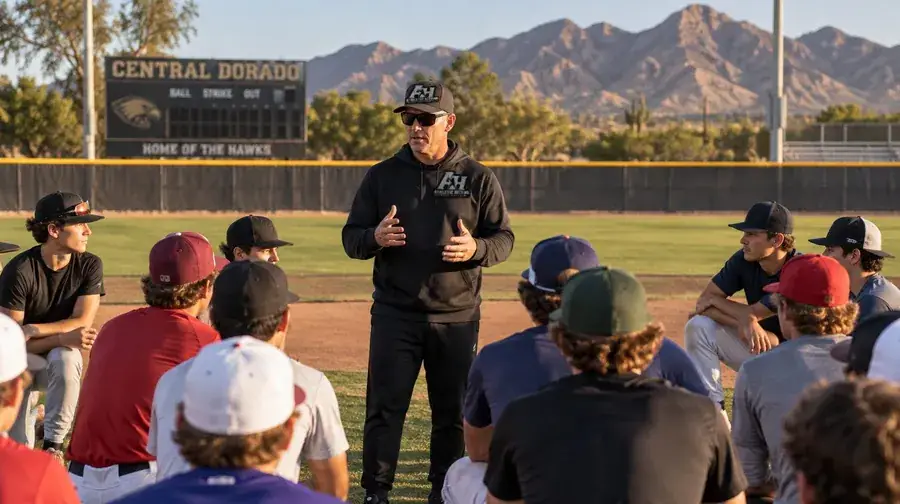 BK talking to a circle of baseball players on the field