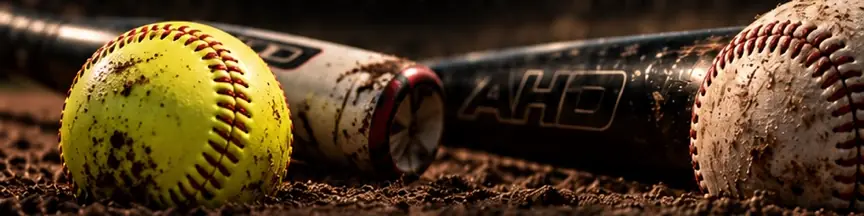 Yellow softball and aluminum bat alongside baseball and bat on stadium dirt