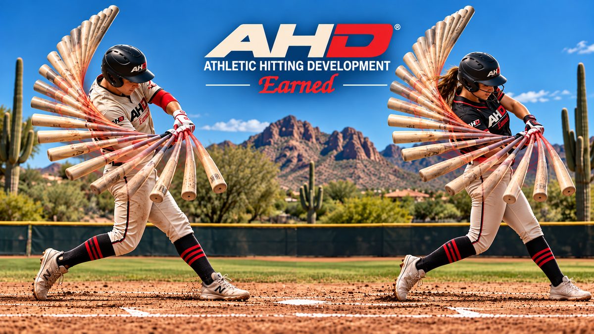Athletic Hitting Development: a baseball hitter and a fastpitch softball hitter in AHD uniforms, each swing shown as an arc of bats, on a Scottsdale field with desert mountains, saguaro cactus and blue sky