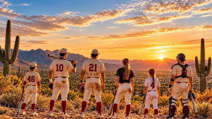 Six AHD baseball and softball hitters watching a desert sunset in Scottsdale, Arizona