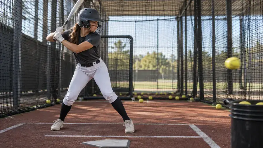 Fastpitch softball hitter training in a batting cage with Athletic Hitting Development
