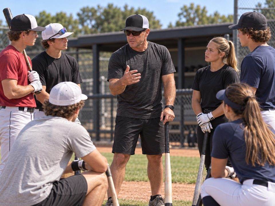 BK coaching a group of baseball and softball hitters at practice