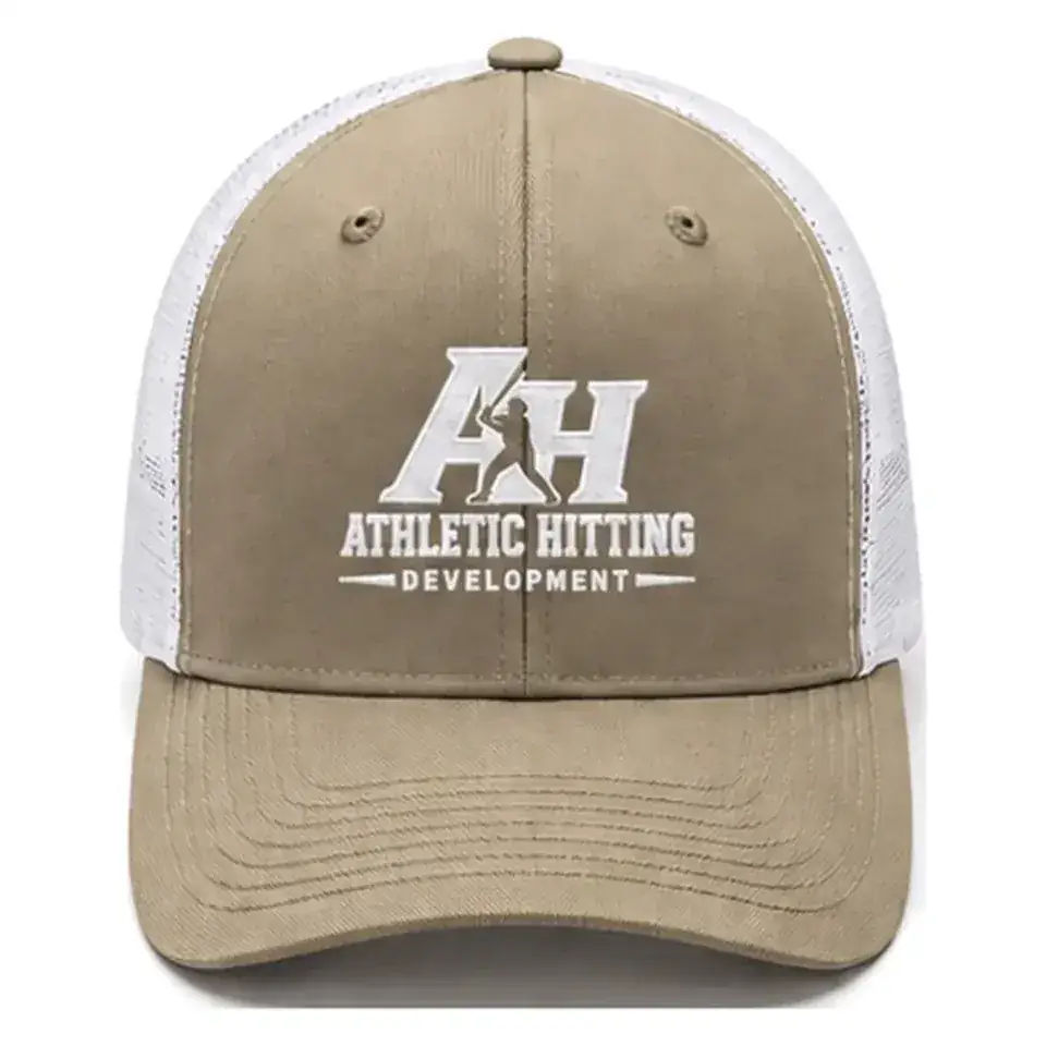 AHD Richardson 112 trucker hat in khaki and white with the white Athletic Hitting Development logo