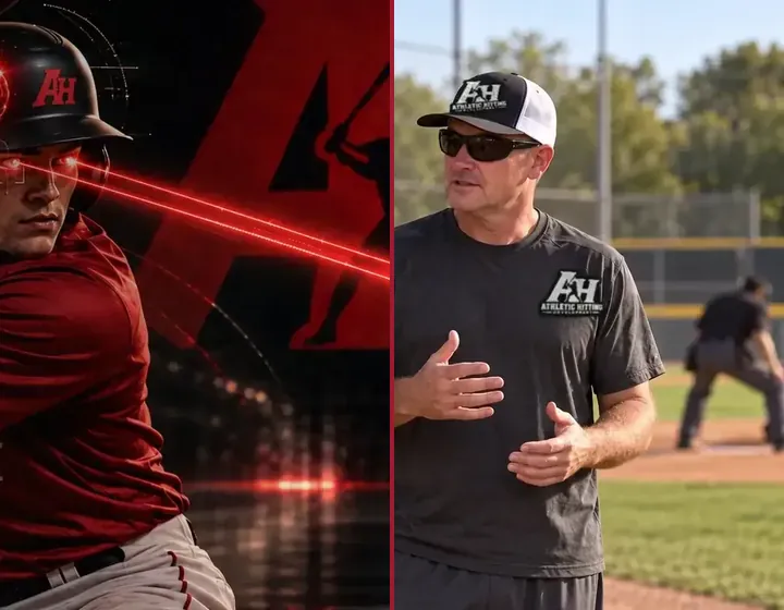 A hitter tracking a pitch and a coach talking with a hitter